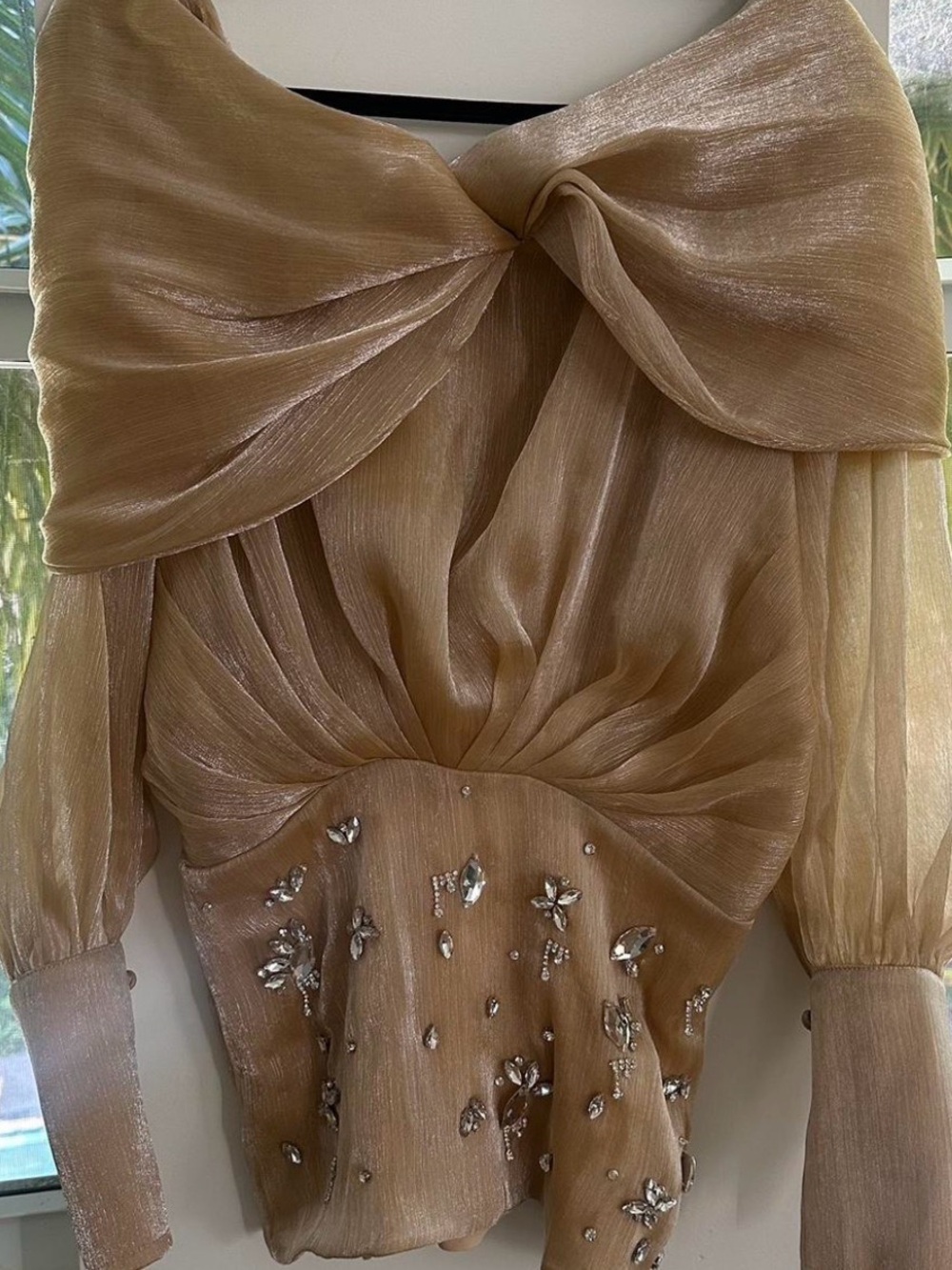 Champagne Long-Sleeve Bow-Detail Evening Dress